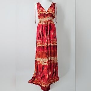 Bisou Bisou Boho Colorful Vneck Empire Waist Sleeveless Long Maxi Dress Sz:16